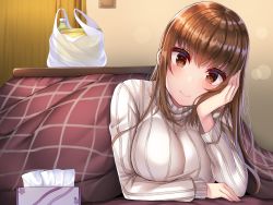 Rule 34 | 1girl, bag, blanket, blush, breasts, brown eyes, brown hair, door, head rest, highres, indoors, kotatsu, large breasts, long hair, long sleeves, looking at viewer, nano (syoutamho), original, ribbed sweater, shopping bag, smile, soda bottle, solo, sweater, table, tissue box, under kotatsu, under table, white sweater