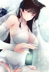 Rule 34 | 1girl, animal ears, atago (azur lane), atago (lily-white vow) (azur lane), atago (lily-white vow) (azur lane), azur lane, black hair, blurry, blurry background, breasts, bridal gauntlets, bridal legwear, bridal lingerie, bridal veil, bride, brown hair, cleavage, closed mouth, commentary request, covered erect nipples, dermar, garter straps, hair ornament, highres, lap pillow invitation, large breasts, lingerie, long hair, open clothes, panties, sideboob, signature, smile, solo, underwear, veil, white legwear, white panties