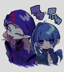 Rule 34 | 1boy, 1girl, :d, beanie, blonde hair, blue eyes, blue hair, blue headwear, blue jacket, chachan chan, character name, commentary request, cropped torso, grey background, hat, highres, icardi (rain code), iruka (rain code), jacket, long hair, looking at viewer, master detective archives: rain code, open clothes, open jacket, open mouth, pointy ears, ponytail, red eyes, shirt, smile, translation request, white shirt