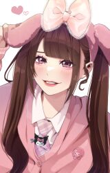 Rule 34 | 1girl, absurdres, blunt bangs, bow, brown hair, character hat, hand up, hat, heart, highres, jirai kei, kuromi, lipstick, long hair, looking at viewer, makeup, my melody, necktie, onegai my melody, original, parted bangs, pink bow, pink hat, pink necktie, pink shirt, sanrio, semi852, shirt, twintails, upper body