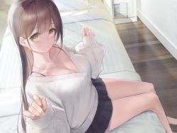 Rule 34 | 1girl, absurdres, black skirt, blush, book, breasts, brown eyes, brown hair, cleavage, closed mouth, collarbone, couch, highres, jewelry, legs together, light smile, long hair, long sleeves, looking at viewer, medium breasts, necklace, non-web source, original, pleated skirt, shirt, sitting, skirt, solo, sweater, white shirt, wooden floor, yakushi9kv