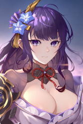 Rule 34 | 1girl, absurdres, ahoge, breasts, cleavage, commentary request, genshin impact, hair ornament, highres, japanese clothes, jinjidejidanhuang, kimono, large breasts, long hair, looking at viewer, off shoulder, purple eyes, purple hair, purple kimono, raiden shogun, solo, upper body