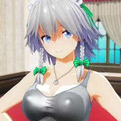 Rule 34 | 1girl, 3d, animated, blue eyes, braid, breasts, cleavage, closed mouth, curtains, grey hair, indoors, izayoi sakuya, jewelry, jiggle, large breasts, looking at viewer, mofumoko5, necklace, short hair, smile, solo, sports bra, tagme, touhou, upper body, video, window