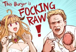 Rule 34 | 1boy, 1girl, ahoge, blonde hair, blunt bangs, braid, breasts, burger, buttons, cleavage, english text, food, gem, gordon ramsay, hairband, hololive, horns, jii3, kiryu coco, kiryu coco (1st costume), large breasts, long hair, meat, open mouth, orange hair, pointing, pointy ears, profanity, real life, red eyes, tears, virtual youtuber