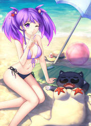 Rule 34 | 1girl, bare arms, bare legs, bare shoulders, beach, bikini, braid, breasts, cat, collarbone, day, facial hair, finger to mouth, gigamessy, hair ornament, hat, mustache, navel, ocean, one eye closed, original, outdoors, purple eyes, purple hair, sand, sand sculpture, shell, shell hair ornament, shushing, sleeping, small breasts, smile, starfish, starfish hair ornament, summer, swimsuit, twintails, umbrella, water