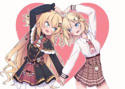 Rule 34 | 2girls, :d, akai haato, akai haato (gothic lolita), blonde hair, blue eyes, blush, grey background, hair ornament, hairclip, heart, heart arms duo, heart background, heart hair ornament, holding hands, hololive, hololive english, kiirokuma, long hair, long sleeves, looking at another, multiple girls, necktie, open mouth, pocket watch, red neckwear, ribbon, short hair, smile, twitter username, two side up, virtual youtuber, watch, watson amelia, watson amelia (1st costume)