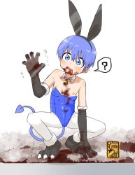 Rule 34 | 1girl, ?, absurdres, animal ears, blood, blood from mouth, blood on chest, blood on clothes, blood on face, blood on ground, blue eyes, blue hair, blue leotard, blush, boots, closed mouth, demon tail, detached collar, elbow gloves, fake animal ears, flat chest, fur-trimmed boots, fur-trimmed gloves, fur trim, gloves, hand on glass, highres, kaju 4, leotard, nipples, original, pantyhose, paw shoes, playboy bunny, rabbit ears, short hair, solo, spoken question mark, squatting, strapless, strapless leotard, tail, tareme, wardrobe malfunction, white background, white pantyhose