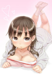 Rule 34 | 1girl, breast press, breasts, brown eyes, brown hair, cleavage, collarbone, heart, highres, large breasts, legs up, long hair, lying, on stomach, original, pica (hpipi), shirt, simple background, socks, solo, white shirt
