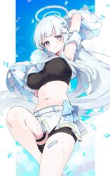 Rule 34 | 1girl, absurdres, arm up, bandaid, bike shorts, blue archive, blunt bangs, blush, breasts, cheerleader, cloud, confetti, crop top, halo, headphones, highres, large breasts, long hair, looking at viewer, meunhongcha, midriff, miniskirt, noa (blue archive), pleated skirt, pom pom (cheerleading), purple eyes, safety pin, skirt, sky, solo, stomach, sweat, thigh strap, very long hair