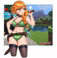 Rule 34 | abs, adapted costume, alex (minecraft), allay, artist name, asymmetrical hair, belt, bikini, braid, breasts, cleavage, minecraft sword, green bikini, green eyes, highres, minecraft, minecraft pickaxe, minecraft sword, muscular, muscular female, navel, orange hair, over shoulder, sarukaiwolf, single braid, smile, solo, stomach, swimsuit, thighhighs, weapon, weapon over shoulder