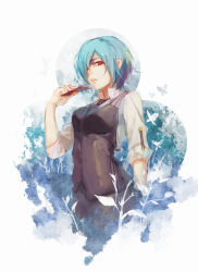 Rule 34 | 10s, 1girl, blue hair, fuurin, hair over one eye, hand up, kirishima touka, looking at viewer, open mouth, red eyes, short hair, sleeves rolled up, solo, tokyo ghoul, vest