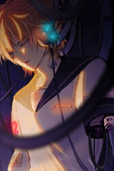 Rule 34 | 1boy, android, blonde hair, blurry, blurry foreground, cable, closed eyes, clothes writing, commentary, glowing, headphones, highres, hikusa, kagamine len, male focus, missing limb, parted lips, sailor collar, school uniform, shirt, sidelighting, solo, upper body, vocaloid, white shirt