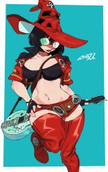 Rule 34 | 1girl, absurdres, artist name, black gloves, black hair, blue background, border, fingerless gloves, gloves, green-tinted eyewear, guilty gear, guilty gear strive, guitar, hat, highres, holding, holding instrument, i-no, instrument, jacket, looking at viewer, midriff, navel, red footwear, red hat, red jacket, red shorts, red thighhighs, shorts, solo, thighhighs, tinted eyewear, white border, whoopsatro, witch hat