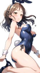Rule 34 | 1girl, absurdres, ass, ayase honoka, bare shoulders, blue footwear, blue leotard, blush, breasts, brown eyes, brown hair, buttons, commentary request, double-breasted, from side, half updo, high heels, highres, idolmaster, idolmaster cinderella girls, leotard, looking ahead, medium breasts, playboy bunny, popon ta, popped button, side-tie leotard, simple background, solo, sweat, white background, white wrist cuffs, wrist cuffs