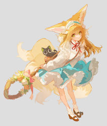 Rule 34 | 1girl, animal ears, arknights, black cat, blonde hair, blue hairband, blue skirt, brown footwear, cardigan, cat, fox ears, fox girl, fox tail, frilled hairband, frills, full body, green eyes, grey background, hair down, hairband, highres, holding, holding staff, kitsune, leaning forward, long hair, long sleeves, looking at viewer, luo xiaohei, multicolored hair, multiple tails, neck ribbon, official alternate costume, open cardigan, open clothes, red ribbon, ribbon, satsuya, shirt, simple background, skirt, socks, solo, staff, standing, streaked hair, suzuran (arknights), tail, luo xiaohei zhanji, weapon behind back, white cardigan, white hair, white shirt, white socks