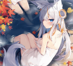 Rule 34 | 2girls, animal ears, autumn leaves, bare arms, bare shoulders, blue eyes, blush, breasts, commentary request, grey hair, hair over one eye, hand up, heterochromia, highres, leaf, long hair, maple leaf, medium breasts, multicolored hair, multiple girls, naked towel, nibiiro shizuka, onsen, orange hair, original, red eyes, rubber duck, sitting, soaking feet, solo focus, standing, streaked hair, tail, thick eyebrows, towel, very long hair, water