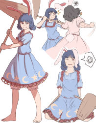 Rule 34 | 2girls, ^^^, alternate hairstyle, animal ears, attack, barefoot, beaten, bite mark, black hair, bloomers, blue dress, blue hair, blue skirt, blunt bangs, broken, broken weapon, bruise, carrot necklace, crescent, dress, failure, frilled dress, frilled skirt, frills, full body, hammer, highres, holding, holding weapon, inaba tewi, injury, jewelry, kine, kneeling, legacy of lunatic kingdom, low twintails, mallet, md5 mismatch, mefomefo, multiple girls, necklace, one eye closed, pendant, pink dress, puffy short sleeves, puffy sleeves, punching, rabbit ears, rabbit tail, red eyes, seiran (touhou), short sleeves, short twintails, skirt, skull, smile, smirk, spoken object, spoken squiggle, squiggle, standing, star (symbol), surprised, sweatdrop, tail, torn clothes, torn dress, touhou, twintails, two-handed, underwear, veins, weapon, white background