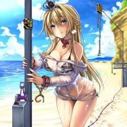 Rule 34 | 1girl, bdsm, beach, bikini, black bikini, blonde hair, blue eyes, blue sky, blush, bondage, bound, bound wrists, braid, breasts, cleavage, closed mouth, collar, crown, cuffs, day, dress, french braid, hair between eyes, handcuffs, highres, jewelry, kantai collection, large breasts, leaning forward, long hair, long sleeves, looking at viewer, mini crown, monikano, necklace, ocean, off-shoulder dress, off shoulder, sand, see-through, side-tie bikini bottom, sky, slave, solo, standing, swimsuit, thighs, warspite (kancolle), wet, wet clothes