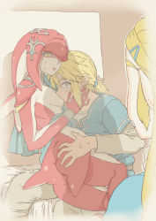 Rule 34 | 1boy, 2girls, ass grab, blonde hair, blue eyes, bracelet, breast sucking, caught, colored skin, fins, hair ornament, hairclip, hand on another&#039;s face, highres, interspecies, jewelry, link, long hair, mipha, mo (kireinamo), monster girl, multiple girls, nintendo, on bed, on lap, ponytail, princess zelda, red skin, shadow, sidelocks, sideways glance, the legend of zelda, the legend of zelda: breath of the wild, walk-in, white skin, yellow eyes, zora
