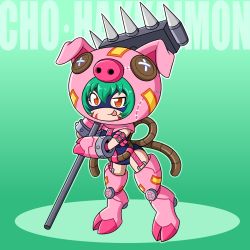 Rule 34 | cho-hakkaimon, digimon, green hair, hammer, highres, mask, pig, rope, spikes, swimsuit, tongue, tongue out