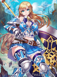 Rule 34 | 1girl, armor, axe, blonde hair, blue eyes, blue sky, breasts, day, doku-chan (dokkudokudoku), dragon, dragon tactics, highres, holding, holding axe, huge weapon, large breasts, long hair, navel, official art, sky, solo, very long hair, weapon