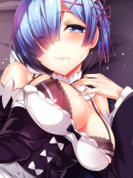Rule 34 | 10s, 1girl, bed, bed sheet, black bra, blue eyes, blue hair, blush, bra, breasts, cleavage, collar, detached collar, fingernails, frilled collar, frills, hair ornament, hair over one eye, hairclip, lace, lace-trimmed bra, lace trim, looking at viewer, maid, medium breasts, one eye closed, open mouth, pillow, re:zero kara hajimeru isekai seikatsu, rem (re:zero), short hair, silly (marinkomoe), solo, tears, underwear, upper body, x hair ornament