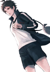 Rule 34 | 1boy, ahoge, alternate costume, bag, black hair, black jacket, black shorts, brown eyes, collarbone, commentary request, cowboy shot, danganronpa (series), danganronpa 2: goodbye despair, from below, hand up, hinata hajime, jacket, long sleeves, looking to the side, male focus, open clothes, open jacket, open mouth, sakuyu, shirt, short hair, shorts, simple background, solo, spiked hair, sportswear, white background