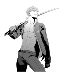 Rule 34 | 1boy, absurdres, asymmetrical gloves, belt, belt buckle, buckle, clenched teeth, collarbone, collared shirt, dress shirt, gloves, greyscale, highres, holding, holding sword, holding weapon, igusaharu, jacket, katana, male focus, manly, midriff, monochrome, narukami yuu, navel, open clothes, open jacket, open shirt, pants, persona, persona 4, school uniform, shirt, short hair, solo, stomach, sword, teeth, twitter username, weapon, wing collar, yasogami school uniform