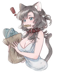 Rule 34 | !, 1girl, animal, animal ear fluff, animal ears, bag, bare arms, bare shoulders, black hair, blue eyes, blush, bow, breasts, cako ashida, cat ears, cat girl, cat tail, cleavage, collar, commentary request, cropped torso, dress, fish, grocery bag, hair bow, holding, holding bag, large breasts, long hair, looking at viewer, mouth hold, one side up, original, paper bag, parted bangs, red collar, shopping bag, signature, simple background, sleeveless, sleeveless dress, solo, tail, tail raised, upper body, white background, white bow, white dress