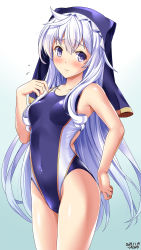 Rule 34 | 1girl, alternate costume, bare arms, bare shoulders, blush, breasts, commentary request, competition swimsuit, covered navel, cowboy shot, eris (konosuba), female focus, flying sweatdrops, groin, hair between eyes, highleg, highleg swimsuit, highres, hood, kono subarashii sekai ni shukufuku wo!, long hair, looking at viewer, one-piece swimsuit, purple eyes, silver hair, simple background, small breasts, solo, swimsuit, tsuchimiya, very long hair, white background