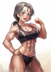 1girl abs black_buruma black_sports_bra breasts buruma clenched_hand commentary cowboy_shot freckles girls_und_panzer grey_eyes grey_hair hand_on_own_hip large_breasts long_hair looking_at_viewer low_ponytail muscular muscular_female open_mouth piyotan_(girls_und_panzer) ponytail smile solo sports_bikini sports_bra standing sweat yilx