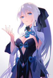 Rule 34 | 1girl, black bow, black dress, blue bow, blue choker, blue hair, bow, breasts, choker, closed mouth, collar, dress, fate/grand order, fate (series), fomnant, grey hair, hair bow, highres, long dress, long hair, long sleeves, medium breasts, morgan le fay (fate), multicolored clothes, multicolored dress, open clothes, open dress, very long hair, white background