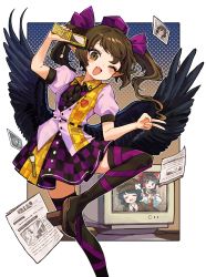 Rule 34 | 1girl, bird wings, black skirt, black thighhighs, black wings, blush, brown eyes, brown hair, buttons, cellphone, checkered clothes, checkered skirt, collared shirt, fang, feathered wings, foul detective satori, geta, hakurei reimu, hat, highres, himekaidou hatate, holding, holding phone, howhow notei, long hair, miyadeguchi mizuchi, monitor, one eye closed, open mouth, phone, photo (object), pink shirt, pointy ears, puffy short sleeves, puffy sleeves, purple hat, purple skirt, shameimaru aya, shirt, short sleeves, skirt, smile, solo, tengu-geta, thighhighs, touhou, twintails, v, wings