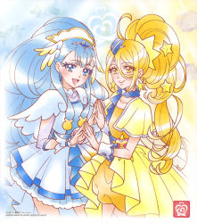 Rule 34 | 2girls, :d, ahoge, blonde hair, blue eyes, blue hair, blue headwear, blue neckwear, capelet, closed mouth, collarbone, cowboy shot, cure ange, cure etoile, dress, earrings, floating hair, hair between eyes, hair ornament, hat, highres, hugtto! precure, jewelry, kagayaki homare, layered dress, long hair, looking at viewer, makeup, mascara, mini hat, multiple girls, official art, open mouth, pleated dress, precure, short dress, smile, standing, star (symbol), star hair ornament, very long hair, white dress, wrist cuffs, yakushiji saaya, yellow capelet, yellow dress, yellow eyes