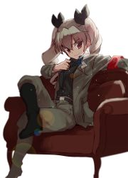 Rule 34 | 10s, 1girl, anchovy (girls und panzer), armchair, bad id, bad pixiv id, belt, black footwear, black ribbon, black shirt, blouse, blurry, boots, chair, crossed legs, depth of field, drill hair, eyebrows, girls und panzer, green hair, grey jacket, grey pants, hair between eyes, hair ornament, hair ribbon, hand on own chest, head tilt, jacket, knee boots, lens flare, long hair, looking at viewer, military, military uniform, oono imo, open clothes, open jacket, orb, pants, pants tucked in, red eyes, ribbon, shirt, sitting, smile, solo, twin drills, twintails, uniform, white background