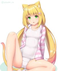 Rule 34 | 1girl, animal ears, ankleband, blonde hair, blunt bangs, blush, breasts, cat ears, cat tail, chestnut mouth, covered navel, gradient hair, green eyes, hair ornament, hairclip, jacket, knee up, long hair, looking at viewer, low twintails, multicolored hair, one-piece swimsuit, original, parted lips, sasaame, school swimsuit, simple background, sitting, small breasts, solo, striped clothes, striped jacket, swimsuit, tail, twintails, twitter username, very long hair, white background, white one-piece swimsuit