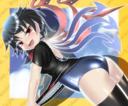 Rule 34 | 1girl, ass, asymmetrical wings, black dress, black hair, black thighhighs, blue one-piece swimsuit, blue wings, clothes pull, dress, dress pull, from behind, houjuu nue, looking at viewer, looking back, one-piece swimsuit, open mouth, pointy ears, red eyes, red wings, school swimsuit, shiny skin, short dress, short hair, short sleeves, smile, solo, standing, swimsuit, swimsuit under clothes, thighhighs, touhou, undefined fantastic object, wings, winn