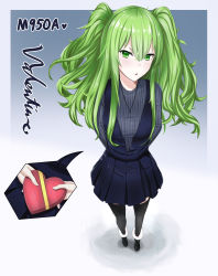 Rule 34 | 1girl, alternate costume, black footwear, black thighhighs, blue shirt, blue skirt, blush, boots, box, breasts, character name, dress, eyes visible through hair, from above, full body, fur-trimmed boots, fur trim, gift, girls&#039; frontline, green hair, hair between eyes, head tilt, heart-shaped box, highres, holding, holding gift, jewelry, long hair, looking at viewer, looking up, m950a (girls&#039; frontline), medium breasts, messy hair, necklace, parted lips, perspective, pleated dress, pouty lips, ribbon, seashu, shirt, simple background, skirt, solo, standing, striped clothes, striped shirt, thighhighs, twintails, two side up, yellow eyes, yellow ribbon, zettai ryouiki