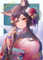 Rule 34 | 1girl, ahri (league of legends), animal ears, artist name, black hair, bracelet, closed mouth, facial mark, fingernails, fox ears, fox girl, fox tail, hair between eyes, hair ornament, hairclip, happy new year, highres, japanese clothes, jewelry, kimono, league of legends, light blush, long hair, looking at viewer, momoirone, multiple tails, new year, red nails, smile, solo, tail, upper body, whisker markings, yellow eyes
