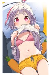 Rule 34 | 1girl, blush, border, bra, carrot, clothes lift, ear down, female focus, highres, looking at viewer, lying, motto notto, mouth hold, navel, notched ear, orange shorts, original, outside border, panties, panty peek, pillow, purple bra, purple eyes, purple hair, purple panties, rabbit ears, rabbit girl, shirt lift, short shorts, shorts, solo, underwear, upshorts, white border