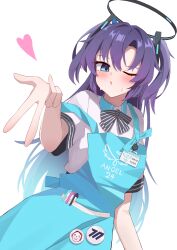 Rule 34 | 1girl, absurdres, aipa, apron, badge, black bow, black bowtie, black halo, blowing kiss, blue apron, blue archive, blue hair, blush, bow, bowtie, button badge, collared shirt, doodle sensei (blue archive), gradient hair, hair ornament, halo, hand up, heart, highres, id card, long hair, millennium science school logo, multicolored hair, parted bangs, pen, purple hair, sensei (blue archive), shirt, short sleeves, simple background, solo, strap slip, striped bow, striped bowtie, striped clothes, sweat, two side up, white background, white shirt, yuuka (blue archive)