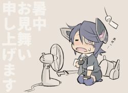Rule 34 | 10s, 1girl, bad id, bad pixiv id, blush, chibi, commentary request, electric fan, eyepatch, closed eyes, female focus, fingerless gloves, flat color, gloves, hot, kantai collection, mikoyan, purple hair, seiza, shochuumimai, short hair, sitting, skirt, solo, sweat, tenryuu (kancolle), thighhighs, translation request