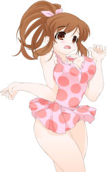 Rule 34 | 00s, 1girl, asahina mikuru, blush, breasts, breasts squeezed together, brown eyes, brown hair, casual one-piece swimsuit, covered erect nipples, d:, face, frilled swimsuit, frills, large breasts, one-piece swimsuit, open mouth, polka dot, polka dot swimsuit, ponytail, simple background, solo, suzumiya haruhi no yuuutsu, swimsuit, tears, wavy mouth, yamaguchi homupe
