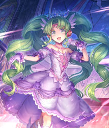 Rule 34 | 1girl, :d, absurdres, bad id, bad pixiv id, bare shoulders, blush, dress, falulu, forehead jewel, glint, gloves, green eyes, hand up, headphones, highres, holding, holding microphone, jewelry, long hair, looking at viewer, microphone, necklace, open mouth, parted bangs, pink dress, pink gloves, pretty series, pripara, quad tails, shichigatsu, smile, solo, standing, tiara, very long hair, winged footwear