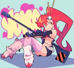 Rule 34 | 1girl, anti-materiel rifle, bacun, belt, bikini, bikini top only, boots, breasts, character name, cleavage, closed mouth, commentary, english commentary, full body, gloves, gun, hair ornament, highres, long hair, ponytail, red hair, rifle, scarf, shorts, sitting, smile, sniper rifle, solo, swimsuit, tengen toppa gurren lagann, thighhighs, weapon, yellow eyes, yoko littner