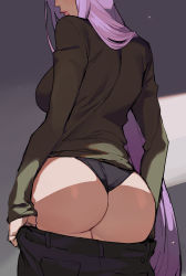 Rule 34 | 1girl, ass, ass focus, black panties, black sweater, commentary, ennuigrl, fate (series), grey background, highres, jaggy lines, long hair, long sleeves, medusa (fate), medusa (rider) (fate), official alternate costume, out of frame, panties, pants, unworn pants, pink lips, purple hair, simple background, solo, sweater, thighs, underwear, very long hair