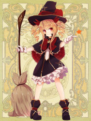 Rule 34 | 1girl, broom, brown hair, capelet, dennryuurai, drill hair, hat, psychic hearts, red eyes, short hair, solo, twin drills, witch hat