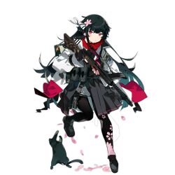 Rule 34 | 1girl, :o, black cat, black footwear, black gloves, black hair, black pantyhose, black skirt, buckle, cat, cherry blossom print, cherry blossoms, coat, fingerless gloves, floral print, flower, full body, girls&#039; frontline, gloves, green bag, gun, hair flower, hair ornament, hair ribbon, high-waist skirt, holding, holding gun, holding weapon, karei, loafers, long sleeves, looking at viewer, neckerchief, official alternate costume, official art, pantyhose, parted lips, pink neckerchief, pleated skirt, pouch, red eyes, red scarf, ribbon, scarf, shoes, simple background, skirt, snap-fit buckle, solo, standing, standing on one leg, striped ribbon, submachine gun, third-party source, transparent background, trigger discipline, type 100 (girls&#039; frontline), type 100 (mod3) (girls&#039; frontline), type 100 smg, weapon, white coat, white ribbon