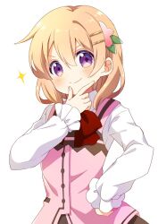 Rule 34 | 1girl, blonde hair, blush, brown skirt, closed mouth, commentary request, frills, gochuumon wa usagi desu ka?, hair between eyes, hair ornament, hairclip, hand on own chin, hand on own hip, hand up, highres, hoto cocoa, long sleeves, looking at viewer, medium hair, oumi neneha, pink vest, purple eyes, shirt, simple background, skirt, smile, solo, split mouth, stroking own chin, upper body, vest, white background, white shirt