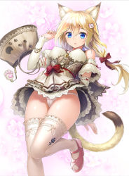 Rule 34 | 1girl, :o, animal ear fluff, animal ears, animal print, bad id, bad pixiv id, bag, bell, between breasts, blonde hair, blue eyes, blush, bow, bow panties, bracelet, breasts, cameltoe, cat ears, cat hair ornament, cat print, cat tail, corset, covered erect nipples, cross-laced clothes, detached sleeves, dress, eyebrows, floral print, hair between eyes, hair bow, hair ornament, hairclip, hand up, highres, jewelry, jingle bell, lace, lace-trimmed dress, lace trim, leg up, long hair, looking at viewer, low twintails, medium breasts, off shoulder, original, panties, pantyshot, paw print, pink background, pink bow, pink footwear, red bow, red ribbon, revision, ribbon, ribbon-trimmed sleeves, ribbon trim, shell, shoes, short dress, skin tight, solo, solru, tail, thighhighs, toeless footwear, twintails, underwear, upskirt, white bow, white panties